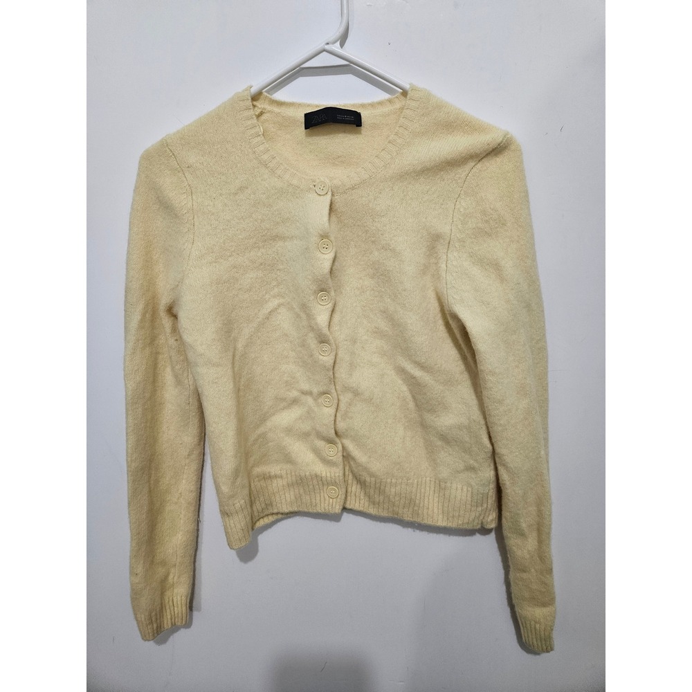 Zara Womens Pale Yellow Knit Button Front Crewneck Cardigan Sweater Size M